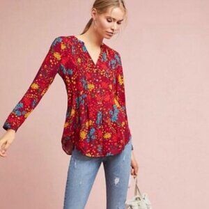 MAEVE Anthropologie Red Floral Long Sleeve Pullover Blouse size large